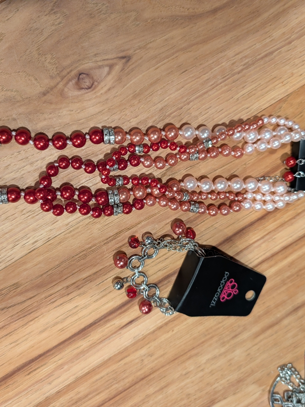 Multi-Strand Red and Pink Beaded Necklace and Bracelet Set